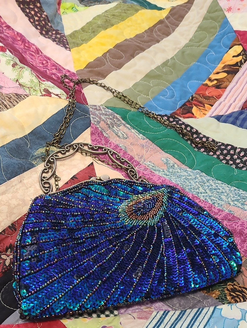 Beaded Peacock Blue Evening Clutch with Crossbody Chain & Handle